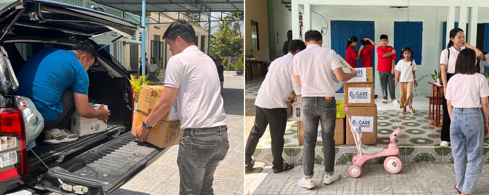 c&aacute;c anh chị đang di chuyển đồ xuống tại m&aacute;i ấm